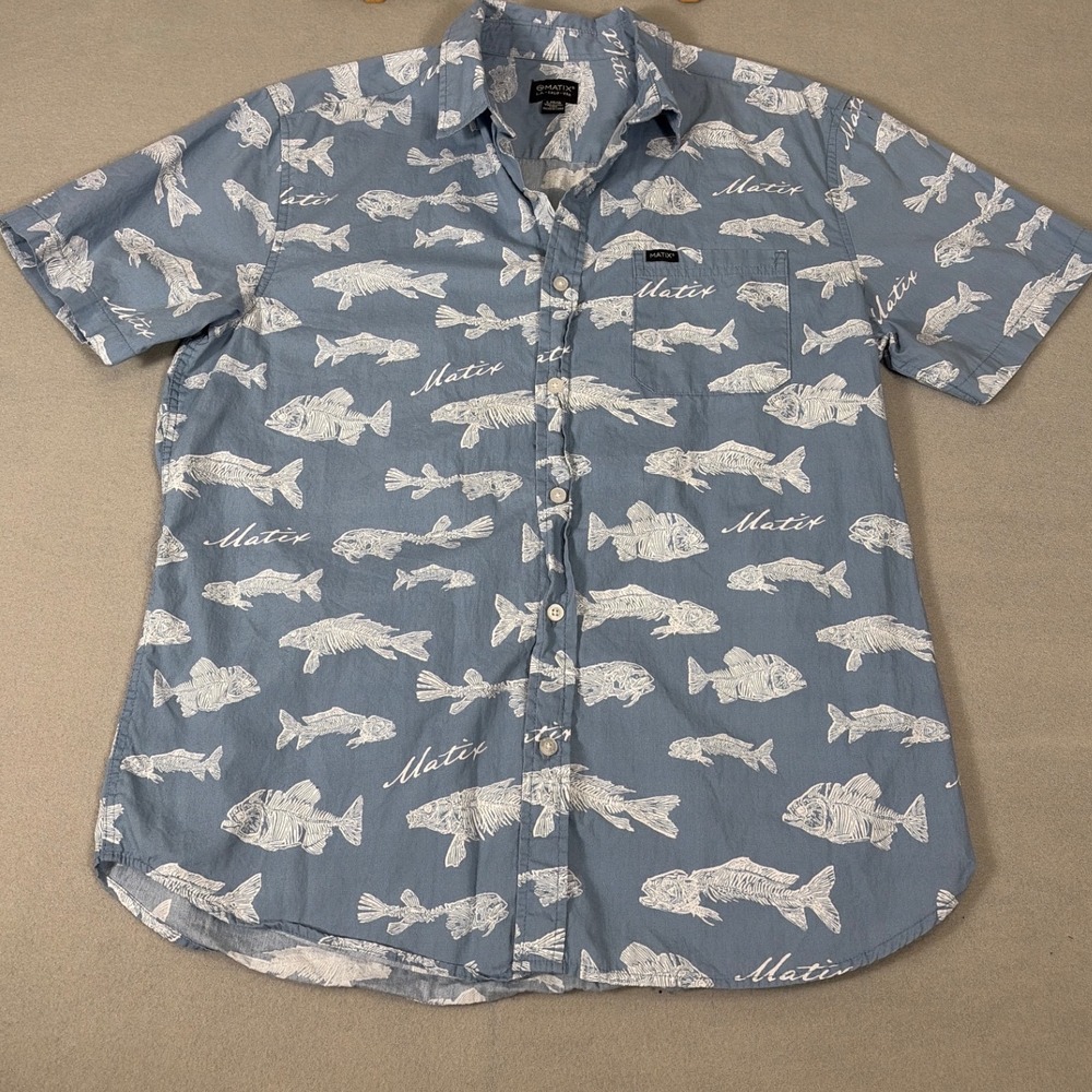 Matix Mens Large Blue Fish Skeleton Print‎ Short Sleeve Cotton Button Down Shirt